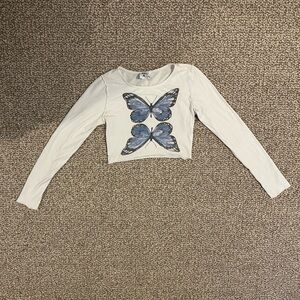 Princess Polly White Long-Sleeve Top with Blue Butterfly Design
